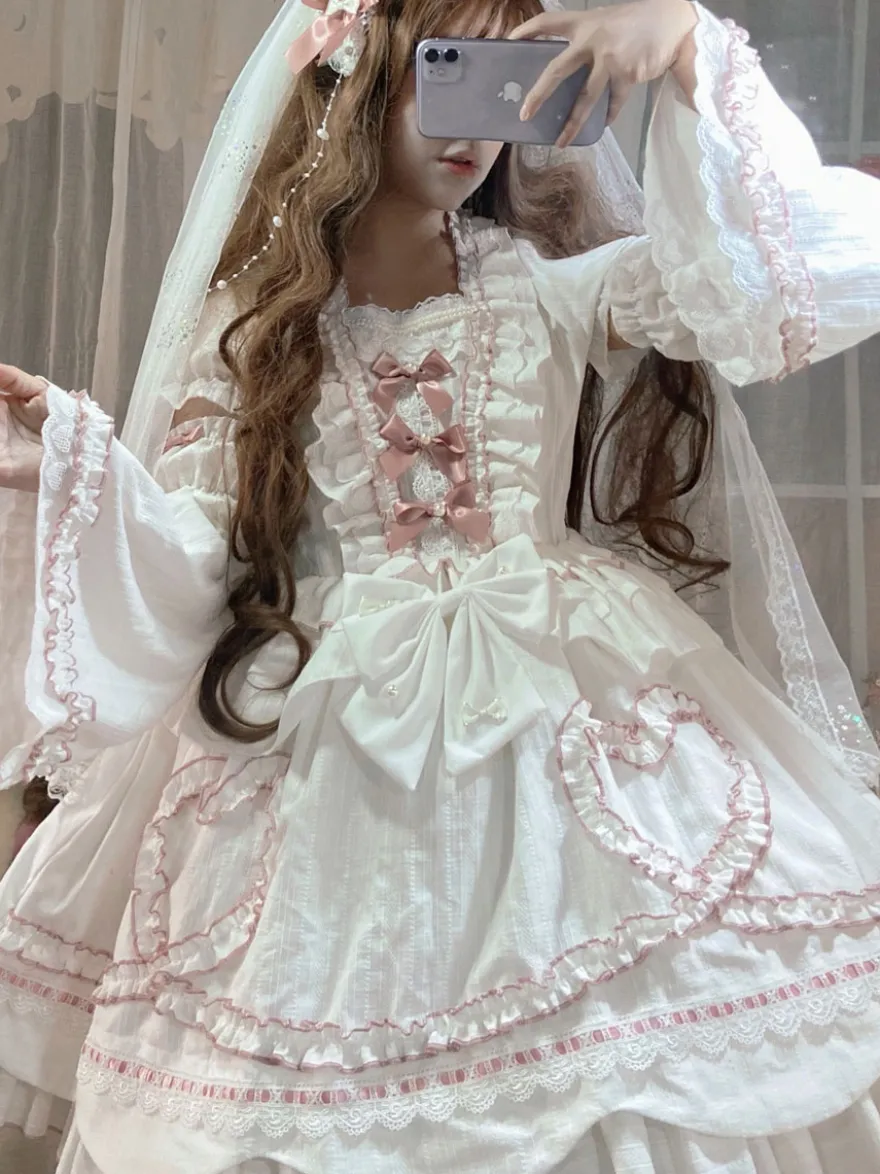 Robe Lolita OP Mignonne robe de mariée manches amovibles volants en Polyester nœuds en dentelle robe une pièce blanche Lolita
