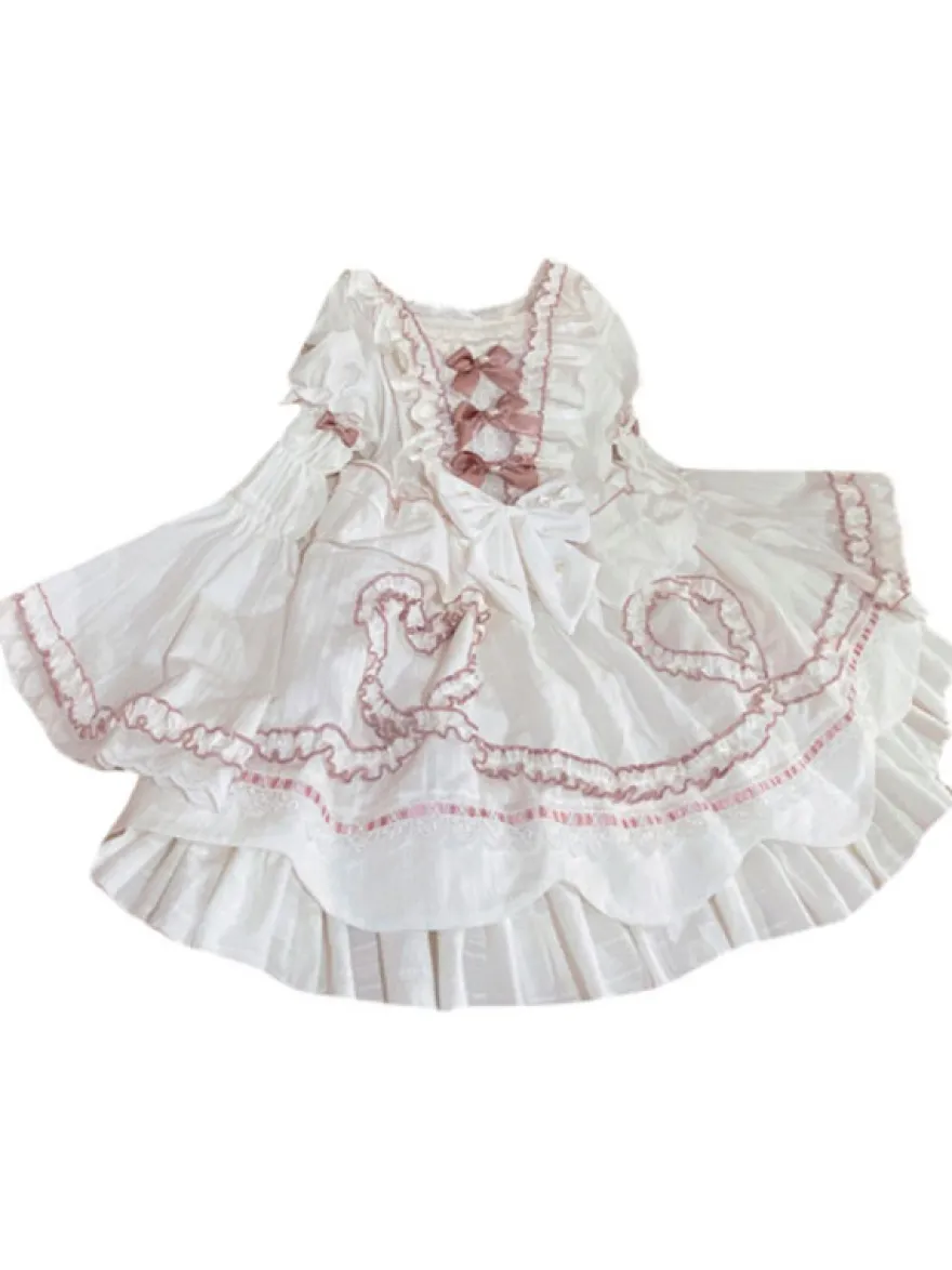 Robe Lolita OP Mignonne robe de mariée manches amovibles volants en Polyester nœuds en dentelle robe une pièce blanche Lolita