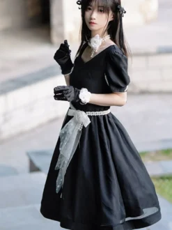 Robe Lolita Polyester Manches Courtes Perles Robe Lolita Style Marine
