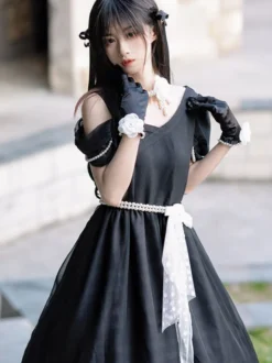 Robe Lolita Polyester Manches Courtes Perles Robe Lolita Style Marine