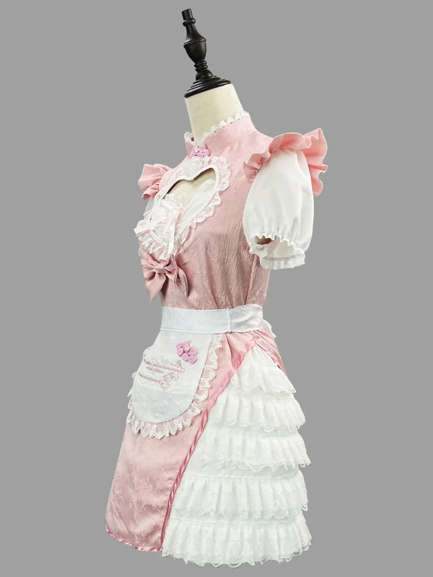 Robe Lolita rose en dentelle et jacquard à manches courtes