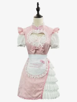Robe Lolita rose en dentelle et jacquard à manches courtes