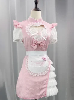 Robe Lolita rose en dentelle et jacquard à manches courtes