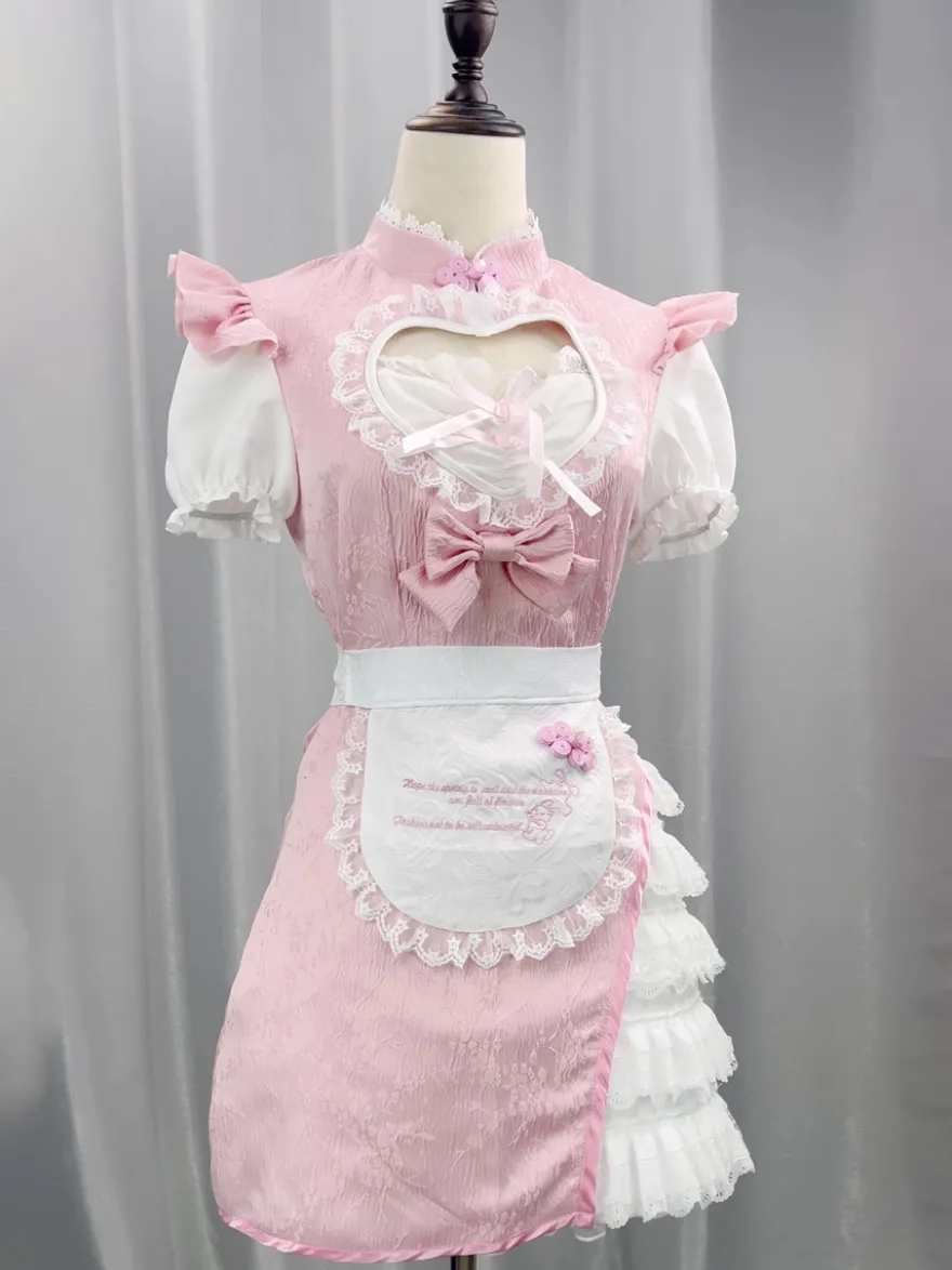 Robe Lolita rose en dentelle et jacquard à manches courtes