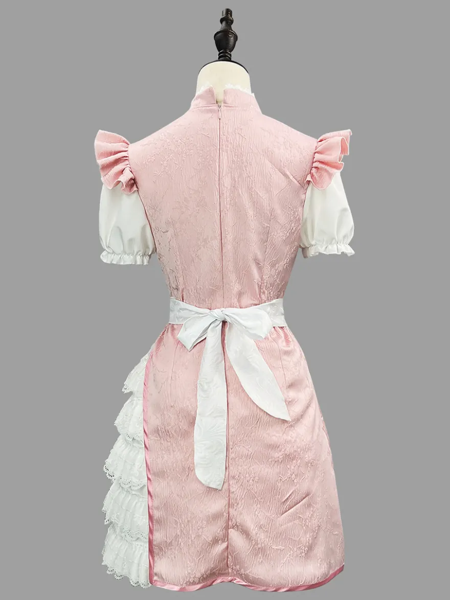 Robe Lolita rose en dentelle et jacquard à manches courtes