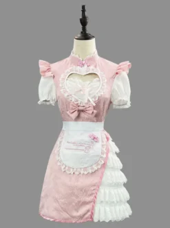 Robe Lolita rose en dentelle et jacquard à manches courtes