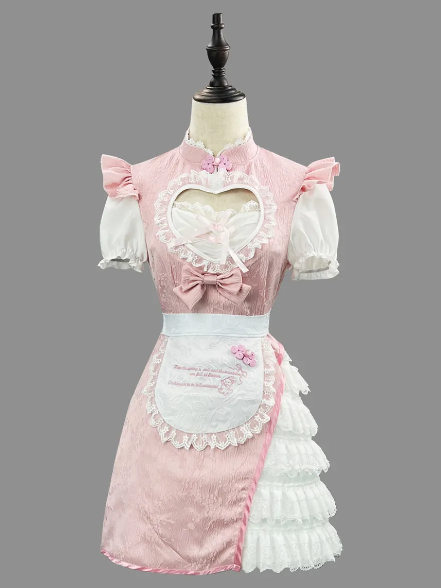 Robe Lolita rose en dentelle et jacquard à manches courtes
