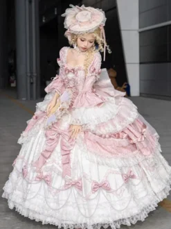 Robe Lolita rose féerique en dentelle nœud manches courtes longueur au sol