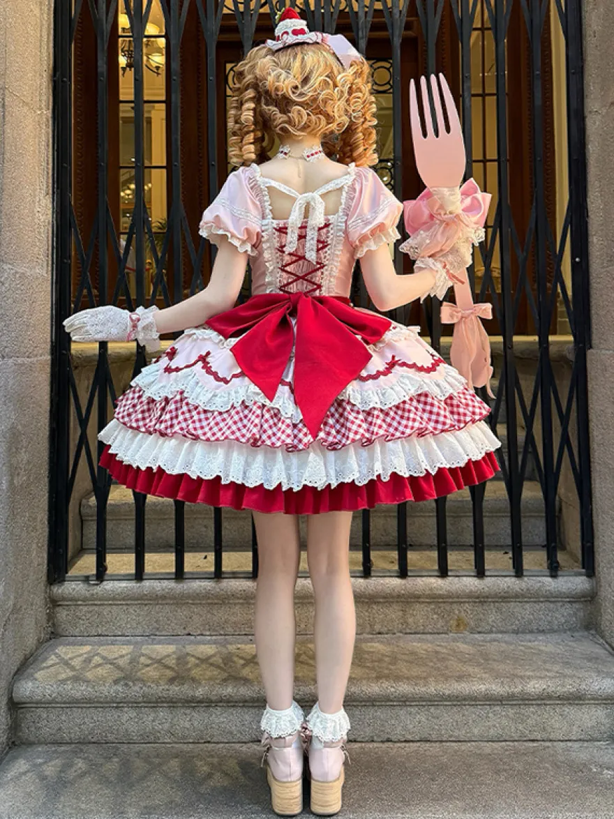 Robe Lolita rose à manches courtes nœud en dentelle polyester mode kawaii
