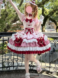 Robe Lolita rose à manches courtes nœud en dentelle polyester mode kawaii