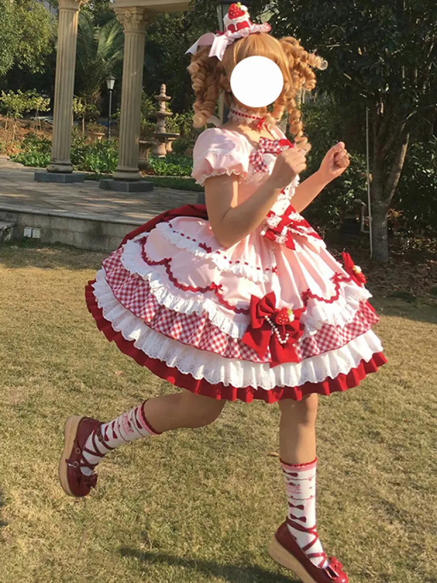 Robe Lolita rose à manches courtes nœud en dentelle polyester mode kawaii