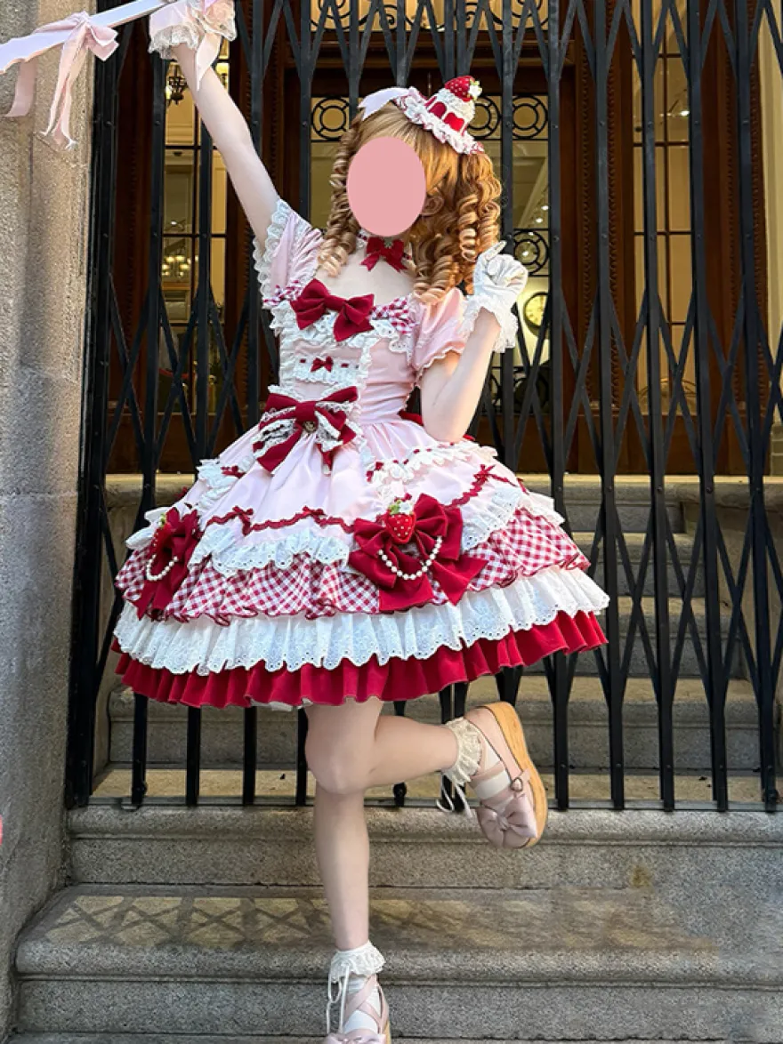 Robe Lolita rose à manches courtes nœud en dentelle polyester mode kawaii