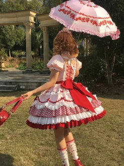 Robe Lolita rose à manches courtes nœud en dentelle polyester mode kawaii
