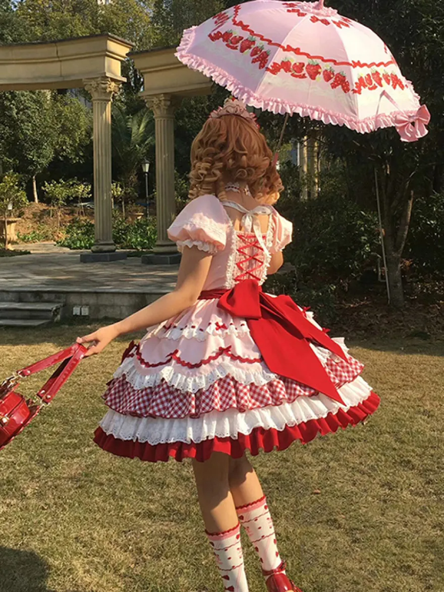 Robe Lolita rose à manches courtes nœud en dentelle polyester mode kawaii