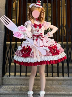 Robe Lolita rose à manches courtes nœud en dentelle polyester mode kawaii