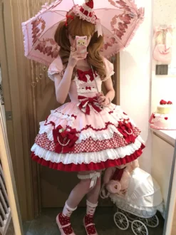 Robe Lolita rose à manches courtes nœud en dentelle polyester mode kawaii