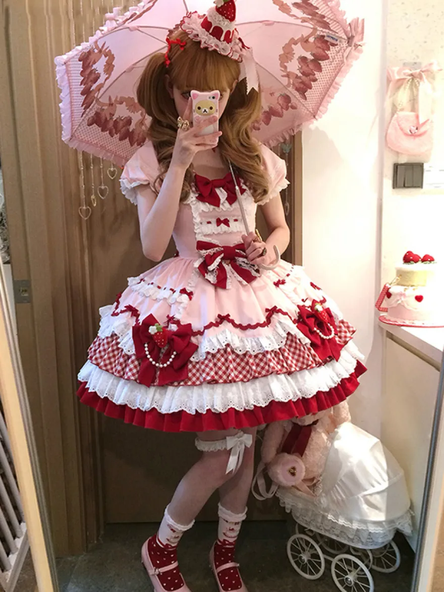 Robe Lolita rose à manches courtes nœud en dentelle polyester mode kawaii