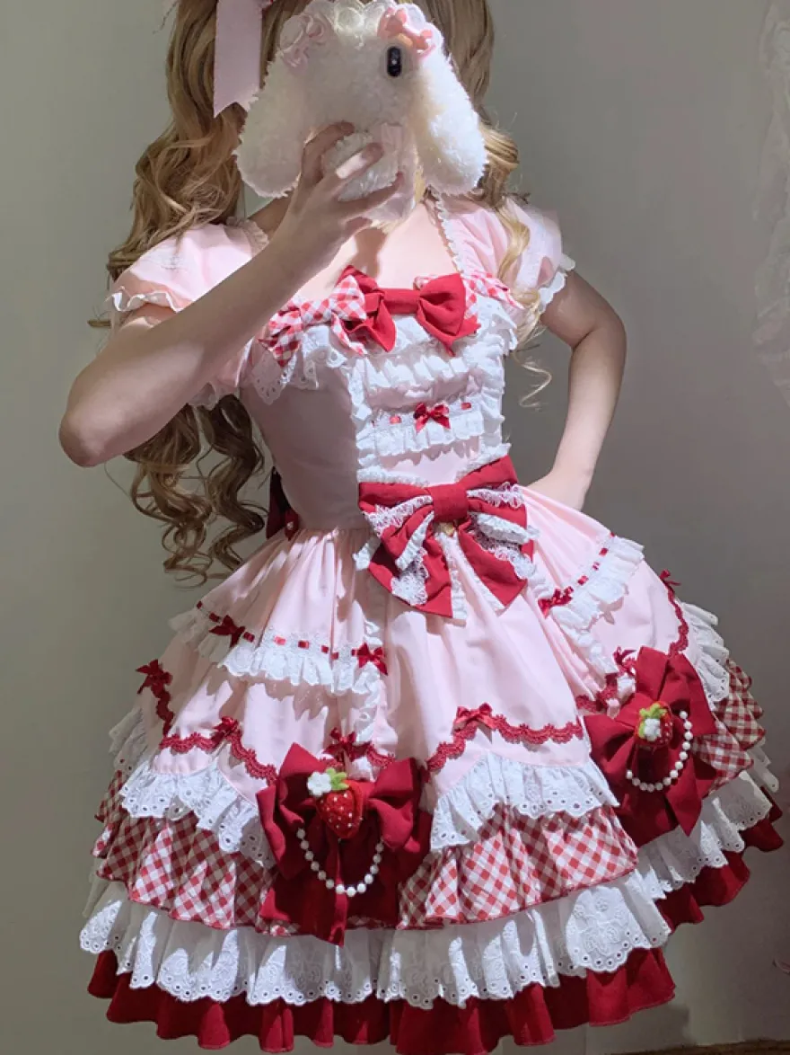 Robe Lolita rose à manches courtes nœud en dentelle polyester mode kawaii
