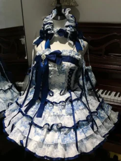 Robe Lolita Sweet bleu ciel clair à lacets et nœuds manches courtes