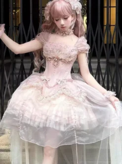 Robe Lolita Sweet Fairy rose à volants et épaules dénudées