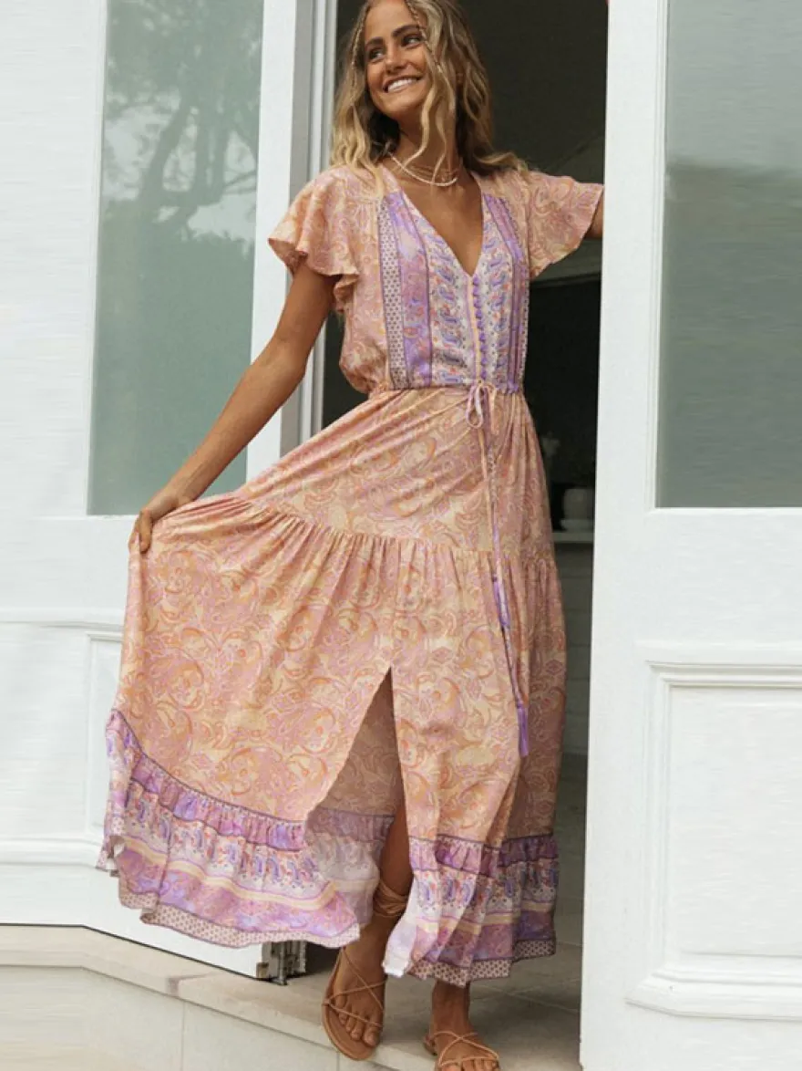 Robe longue bohème à fleurs pour femme - Robe trapèze à col V et manches papillon à volants - Idéale pour une fête d'été sur la plage 2026