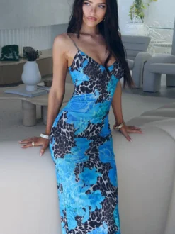 Robe longue bustier imprimée léopard bleu pour femme style urbain audacieux