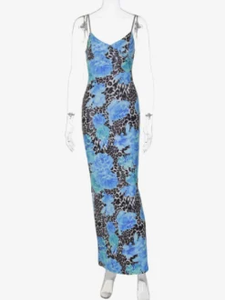 Robe longue bustier imprimée léopard bleu pour femme style urbain audacieux