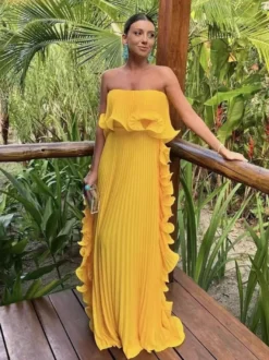 Robe longue bustier plissée pour femme - Robe longue fluide à volants sur le côté - Idéale pour un mariage d'été à la plage (collection 2026)