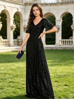 Robe longue de bal à col en V manches courtes fermeture éclair sequins robe de soirée formelle