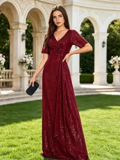 Robe longue de bal à col en V manches courtes fermeture éclair sequins robe de soirée formelle