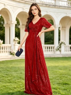 Robe longue de bal à col en V manches courtes fermeture éclair sequins robe de soirée formelle