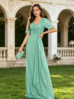 Robe longue de bal à col en V manches courtes fermeture éclair sequins robe de soirée formelle