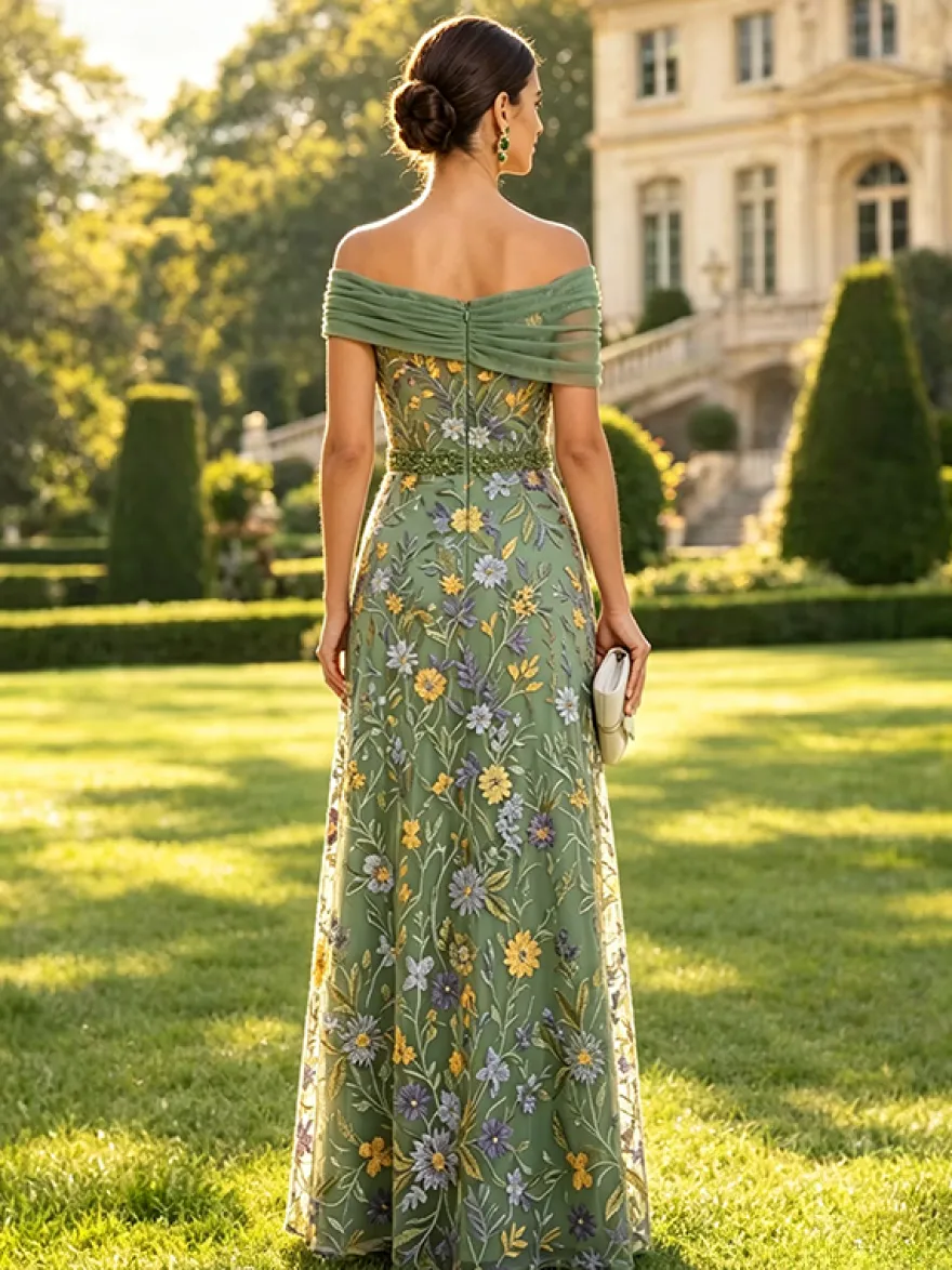 Robe longue de soirée fleurie trapèze épaules dénudées brodée robe de mère de la mariée robe d'invitée de mariage