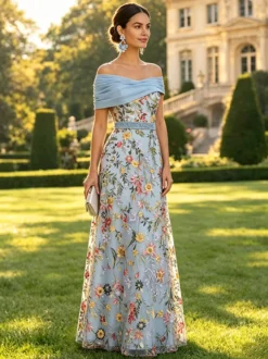 Robe longue de soirée fleurie trapèze épaules dénudées brodée robe de mère de la mariée robe d'invitée de mariage