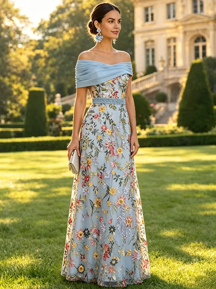 Robe longue de soirée fleurie trapèze épaules dénudées brodée robe de mère de la mariée robe d'invitée de mariage