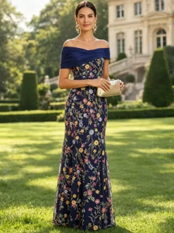 Robe longue de soirée fleurie trapèze épaules dénudées brodée robe de mère de la mariée robe d'invitée de mariage