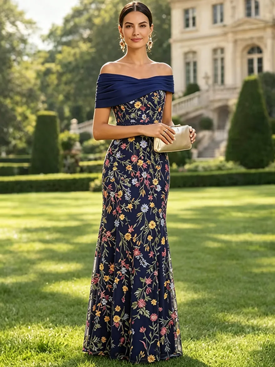 Robe longue de soirée fleurie trapèze épaules dénudées brodée robe de mère de la mariée robe d'invitée de mariage