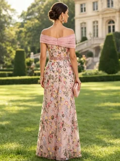 Robe longue de soirée fleurie trapèze épaules dénudées brodée robe de mère de la mariée robe d'invitée de mariage