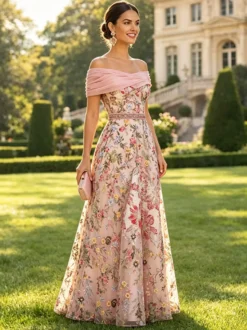 Robe longue de soirée fleurie trapèze épaules dénudées brodée robe de mère de la mariée robe d'invitée de mariage