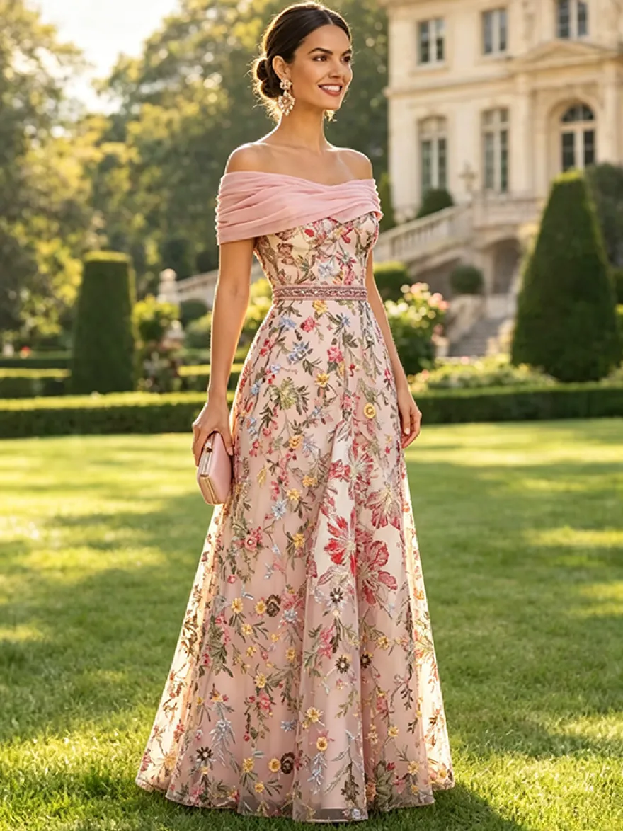 Robe longue de soirée fleurie trapèze épaules dénudées brodée robe de mère de la mariée robe d'invitée de mariage