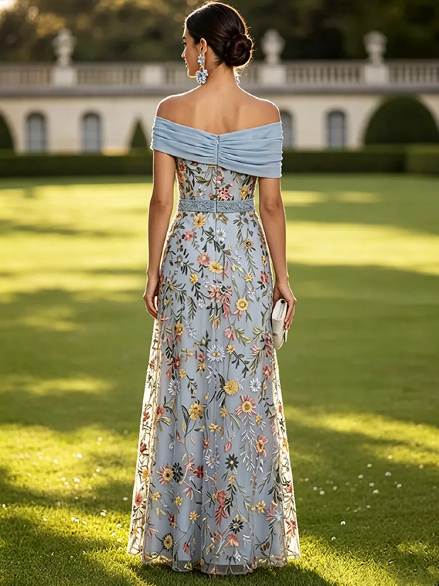 Robe longue de soirée fleurie trapèze épaules dénudées brodée robe de mère de la mariée robe d'invitée de mariage