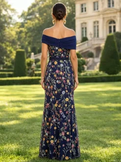 Robe longue de soirée fleurie trapèze épaules dénudées brodée robe de mère de la mariée robe d'invitée de mariage