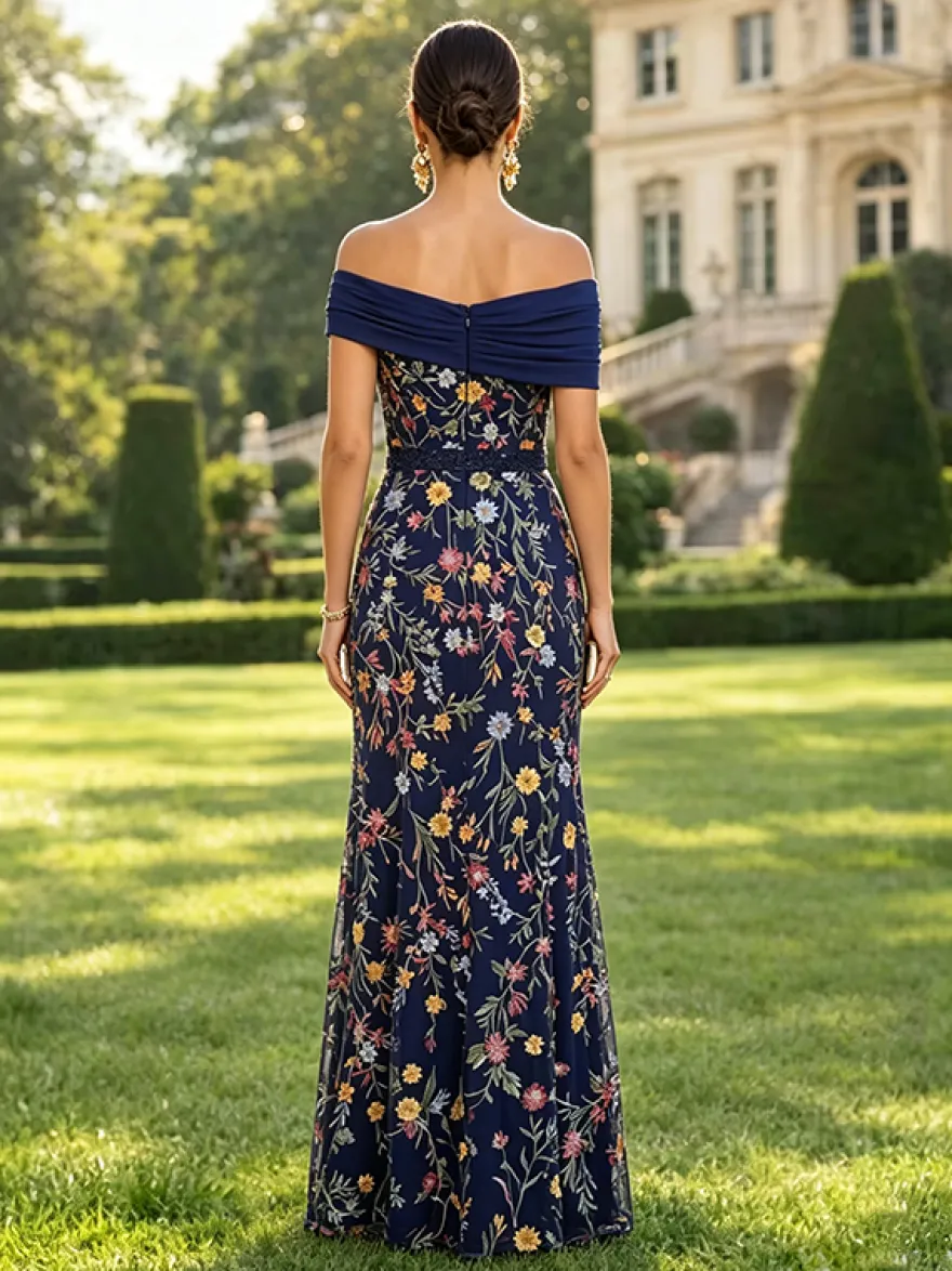 Robe longue de soirée fleurie trapèze épaules dénudées brodée robe de mère de la mariée robe d'invitée de mariage
