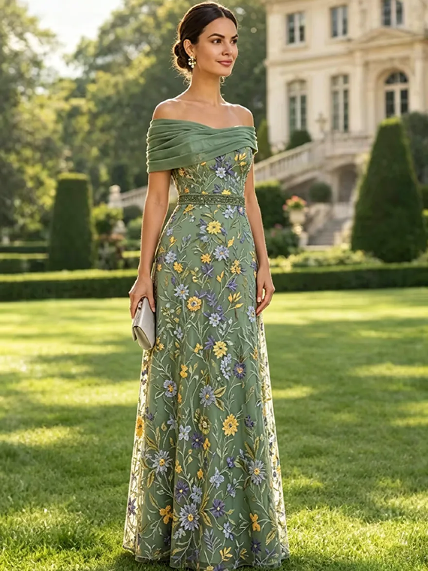 Robe longue de soirée fleurie trapèze épaules dénudées brodée robe de mère de la mariée robe d'invitée de mariage