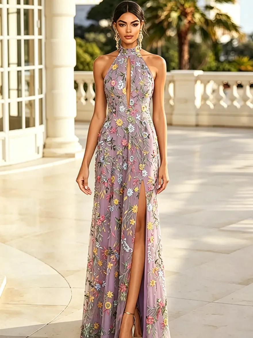 Robe longue de soirée à fleurs brodées en tulle robe maxi dos nu à décolleté en V et fente haute robe d'invitée de mariage
