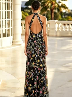 Robe longue de soirée à fleurs brodées en tulle robe maxi dos nu à décolleté en V et fente haute robe d'invitée de mariage
