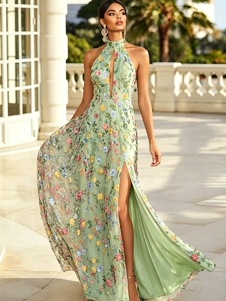 Robe longue de soirée à fleurs brodées en tulle robe maxi dos nu à décolleté en V et fente haute robe d'invitée de mariage