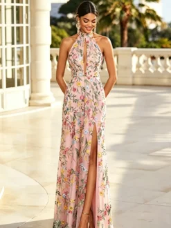 Robe longue de soirée à fleurs brodées en tulle robe maxi dos nu à décolleté en V et fente haute robe d'invitée de mariage