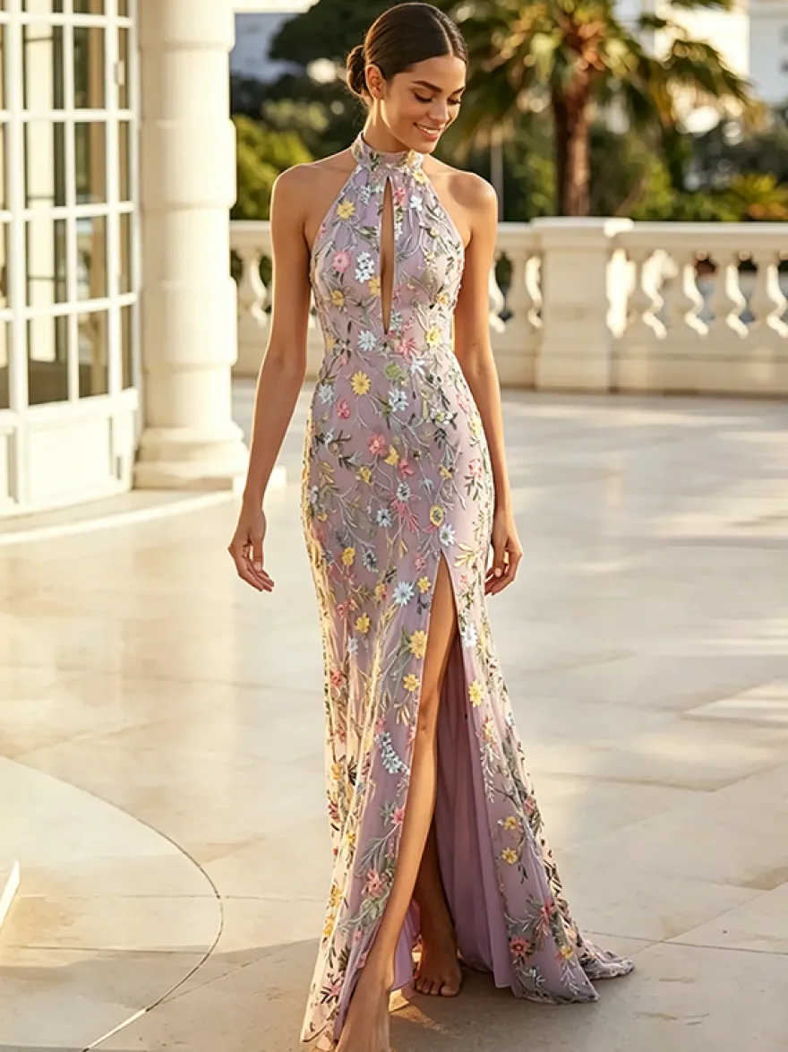Robe longue de soirée à fleurs brodées en tulle robe maxi dos nu à décolleté en V et fente haute robe d'invitée de mariage