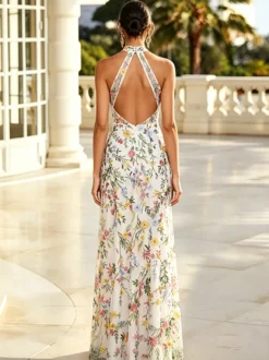 Robe longue de soirée à fleurs brodées en tulle robe maxi dos nu à décolleté en V et fente haute robe d'invitée de mariage